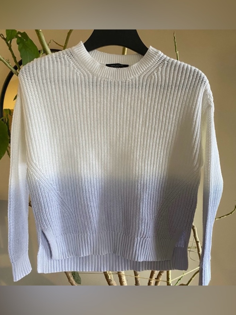 Ann Taylor Cotton White to Light Blue Ombre Crewneck Sweater